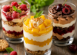 Verrines gourmandes : biscuits, crème, fruits frais, coulis...